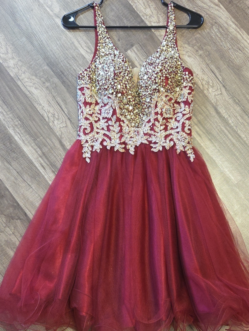 Embellished Burgundy Prom Dress with Gold Appliqué